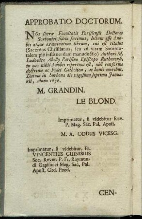 Approbatio Doctorum. - Censura Ordinarii. - Approbatio Censoris.