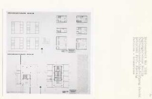 Jugendgästehaus, Berlin-Tiergarten (Diplomarbeit bei Peter Poelzig): Pavillon, Grundrisse Erdgeschoss und 2. Obergschoss 1:100, Verteilung der Schlafräume und Einrichtung 1:50
