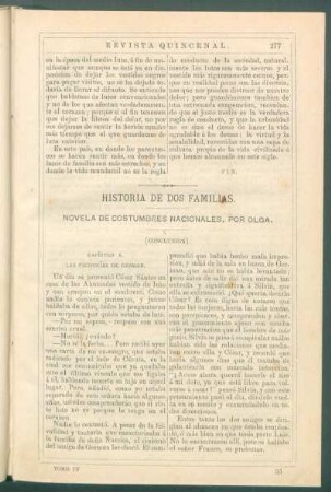 Historia de dos familias. : Novela de costumbres nacionales[.] (Conclusión). - [Capítulos] X. Las fechorías de German[,] XI. Sospechas[,] XII. La averiguación del crimen [y] Epílogo.