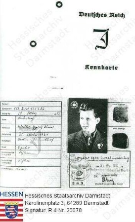 Bevölkerungsgruppen, Juden / Antisemitismus, Kennkarte für Juden / hier des Juden Walter 'Israel' Lindenberg (* 1924) mit Passfoto