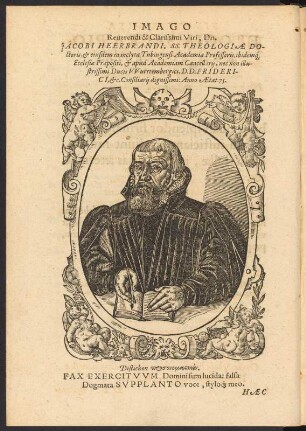 Jacon Heerbrand (1521-1600), Imagines Professorum Tubingensium, Senatorii Praecipue Ordinis : Jacob Heerbrand (1521-1600) Holzschnitt Bogen D verso aus: Jmagines Professorvm Tvbingensivm, Senatorii Praecipve Ordinis. Tubingae : Cellius, 1596 Dresden: SLUB Hist.acad.554
