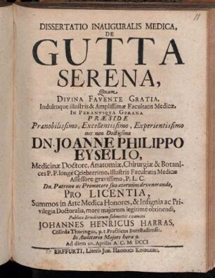 Dissertatio Inauguralis Medica, De Gutta Serena