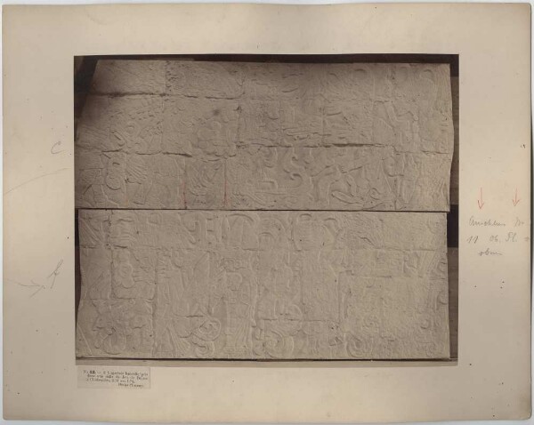 "Two fragments of bas-reliefs, taken in a room at the ball court."