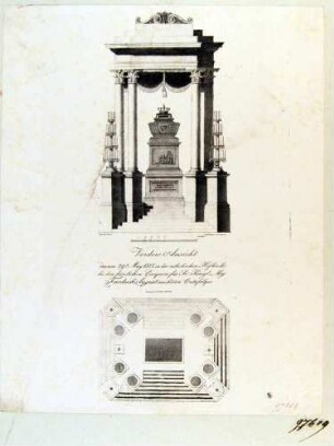 Grund- und Aufriss des Katafalks Friedrich Augusts von Sachsen in der Katholischen Hofkirche zu Dresden
