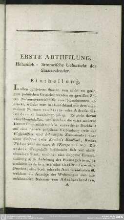 Erste Abtheilung. Historisch - litterarische Uebersicht der Staatscalender
