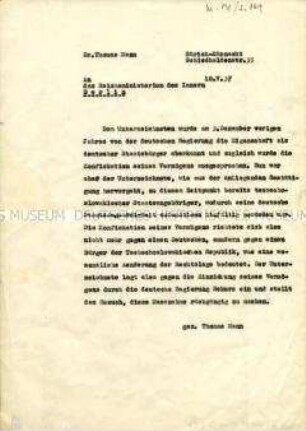 Schreiben von Thomas Mann an das Reichsministerium des Innern mit einem Protest gegen die Konfiszierung seines Vermögens (Abschrift)