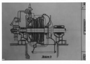 Industrie-Kraftwerk. Reproduktion: Technische Zeichnung (Maßstab unbekannt) Schnitt durch die Turbine (Maschine 4) : Lauta (Niederlausitz). Industrie-Kraftwerk. Reproduktion: Technische Zeichnung (Maßstab unbekannt) Schnitt durch die Turbine (Maschine 4)