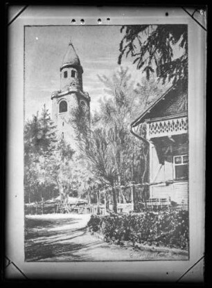 Zeichnung Bismarckturm und Unterkunftshaus auf dem Hainberg in Asch, Tschechien. Signiert von E. ...