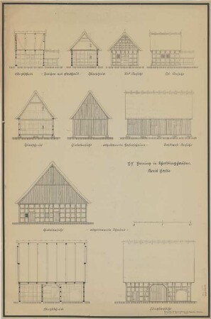 Schröttinghausen (Kreis Halle): Hof Heining. - Speicher mit Backhaus (Ostansicht, Südansicht, Schnitte). - Haferscheune (Nordansicht, Ostansicht, Querschnitt). - Scheune (Südansicht, Westansicht, Längsschnitt)