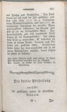 Die dritte Abtheilung enthält die geistlichen Lieder in ascetischen Büchern.