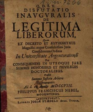 Disputatio Inauguralis De Legitima Liberorum