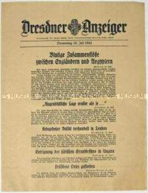 Nachrichtenblatt "Dresdner Anzeiger" u.a. zu Kämpfen in Kairo
