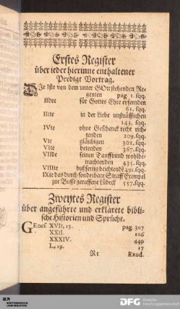 Erstes Register über ieder hierinne enthaltener Predigt Vortrag.