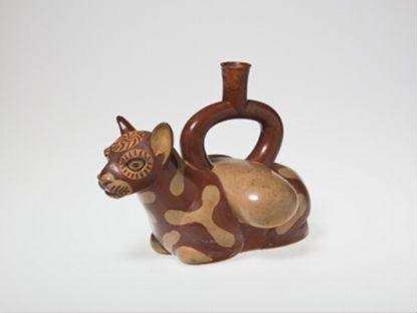 Stirrup spout vessel depicting a packed llama