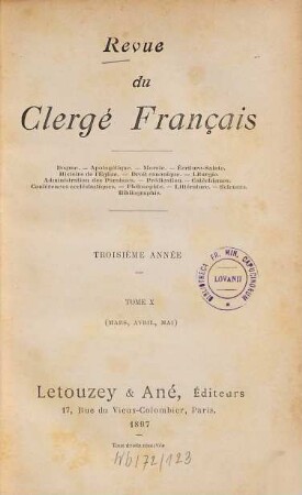 Revue du clergé français. 10. 1897 = Année 3