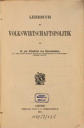Lehrbuch der Nationalökonomie, 2. Lehrbuch der Volkswirtschaftspolitik