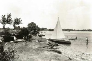 Groß Särchen. Knappensee, Badestrand mit Segelboot bei Koblenz