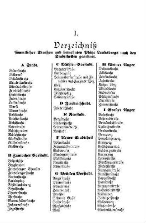 I. Verzeichniß sämmtlicher Straßen und Plätze