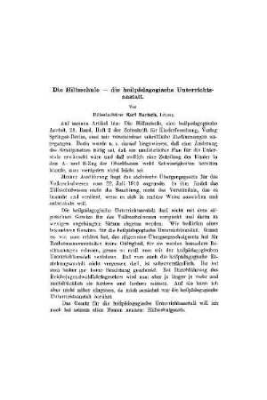 Die Hilfsschule - die heilpädagogische Unterrichtsanstalt