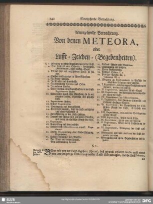 Neunzehende Betrachtung. Von denen Meteora, oder Lufft-Zeichen-(Begebenheiten)