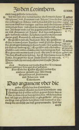 Das argument uber die ander Epistel tzu den Corinthern.