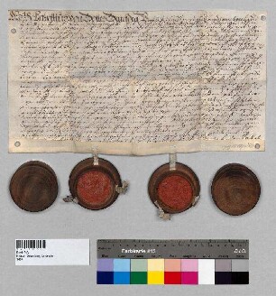 Leibgedingbrief des Propstes Patritius [II.] und des Kapitels zu Baumburg für Balthasar Hupflocher und dessen Frau Barbara, verwitwete Röbl, über die Schustersölde zu Petzlsdorf. Vorbesitzer waren der verstorbene Christoph Röbl und dessen erste Frau Rosina.; S1: Propst Patritius [II.] von Baumburg; S2: Kapitel zu Baumburg