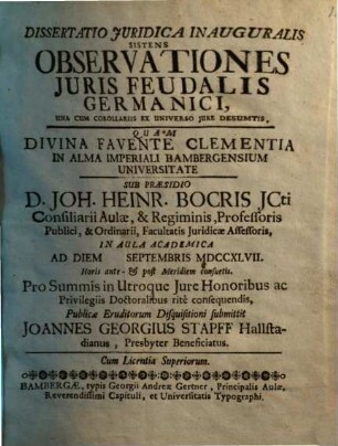 Dissertatio Juridica Inauguralis Sistens Observationes Juris Feudalis Germanici : Una Cum Corollariis Ex Universo Jure Desumtis