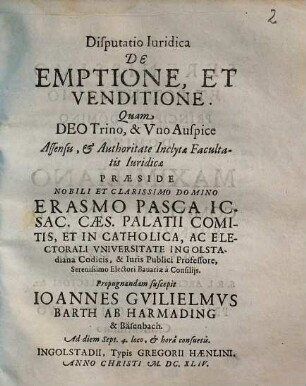 Disputatio Iuridica De Emptione, Et Venditione