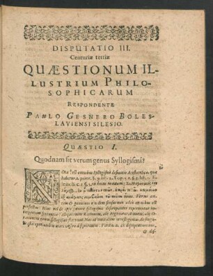 Disputatio III. ... Respondente Paulo Gesnero