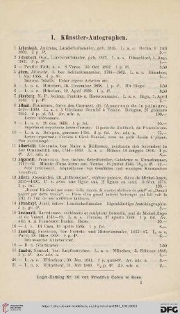 I. Künstler-Autographen (Nr. 1 - 851)