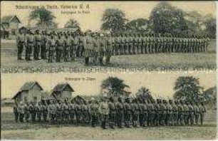 Aufmarschierte Schutztruppen afrikanischer Soldaten in Duala