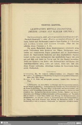 Viertes Kapitel, Lichtpausen mittels Zyanotypie (weiße Linien auf blauem Grunde)