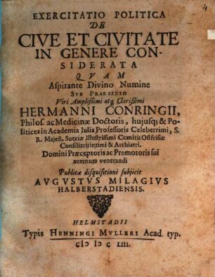Exercitatio Politica De Cive Et Civitate In Genere Considerata