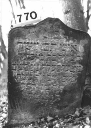 Grabstein 770 (Index: 99900355) Material: Sandstein Zustand: stark verwittert Maße HxBxT: 78x60x11 cm Beschreibung: Stele mit Schulterbogenabschluss, von der Spitze herabhängede Blüte Symbolik: Blüte: Grabstein 770 (Nachholaufnahme)