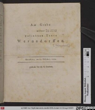 Am Grabe meiner geliebten Tante Wernsdorffen : Helmstädt, am 23. October, 1780.