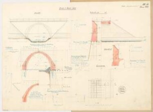 Eisenbahnbrücke Monatskonkurrenz Juni 1875: Grundriss, Aufriss Seitenansicht, 2 Längsschnitte, 2 Querschnitte, Details; Maßstabsleiste