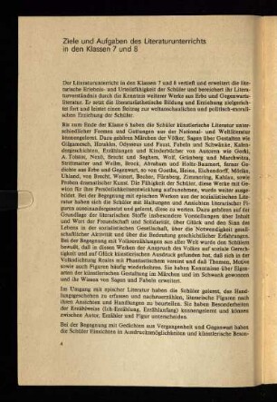 Ziele und Aufgaben des Literaturunterrichts in den Klassen 7 und 8