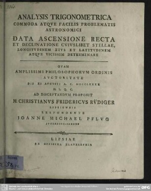 Analysis Trigonometrica Commoda Atque Facilis Problematis Astronomici : Data Ascensione Recta Et Declinatione Cuiuslibet Stellae, Longitudinem Eius Et Latitudinem Atque Vicissim Determinare