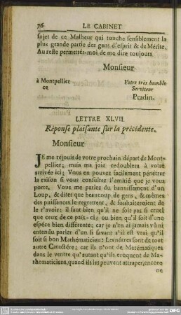 Lettre XLVII. Response plaisante sur la precedente