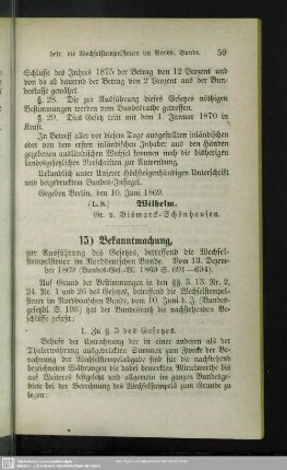 15) Bekanntmachung, zur Ausführung des Gesetzes, betreffend die Wechselstempelsteuer im Norddeutschen Bunde : Vom 13. December 1869