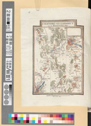 Reise Atlas von Bajern oder Geographisch-geometrische Darstellung aller bajrischen Haupt- und Landstraßen mit den daranliegenden Ortschaften und Gegenden : nebst Kurzer Beschreibungen alles dessen, was auf und an einer jeden der gezeichneten Straßen für den Reisenden merkwürdig seyn kann. [Gewidmet] Joseph August Grafen von Toerring. 16, Chaussée Von Landshut Nach Regensburg