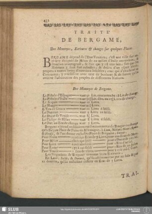 Traité De Bergame, Des Monnoyes, Ecritures & changes sur quelques Places