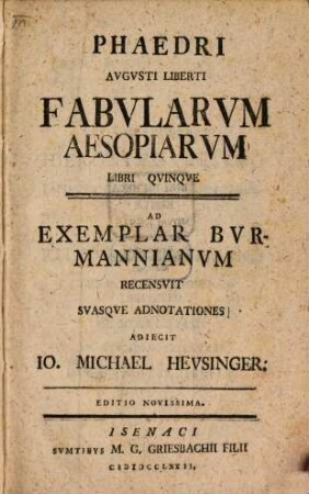Fabularum Aesopicarum Libri V.