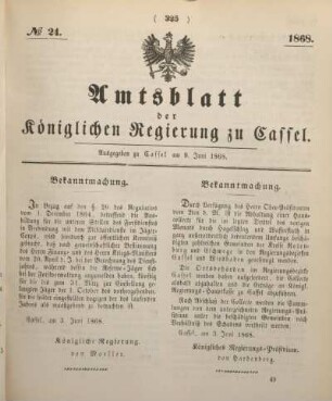 № 24. Ausgegeben zu Cassel am 9. Juni 1868.