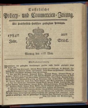 20tes Stueck, Montag den 17ten May. 1784