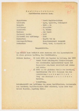 Stadttheater großes Haus, Teplice: Schriftstück zum Fragebogen für das Handbuch »Das Deutsche Theater«