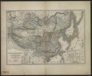 Karte von China mit Nachbarstaaten und Japan, 1:10 800 000, Lithographie, 1847 : Das Chinesische Reich mit seinen Schutzstaaten (den Ländern der Mandschu und Mongolen, Ost Turkistan und Tübet) und das Kaiserthum Japan / entworfen und gezeichnet von C. F. Weiland, berichtigt von H. Kiepert. - 1:10 800 000. - Weimar : Verlag des Geograph. Instituts , 1847. - 1 Kt. : Lithogr. ; 61 x 42 cm. - Nullmeridian: Paris; Ferro. - Mit 2 Nebenkt.: Gegend zwischen Macao u. Kanton; Plan der Hauptstadt Peking. - Mit Bergstrichen