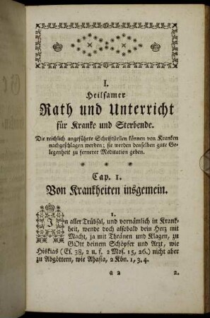 I. Heilsamer Rath und Unterricht für Kranke und Sterbende. - Kurze Wohlverhaltungs-Regeln für Kranke und Sterbende.