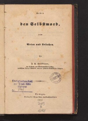 Ueber den Selbstmord, seine Arten und Ursachen