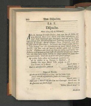 Lit. F. Dispache. Anno 1704. ady 18 Februarij.